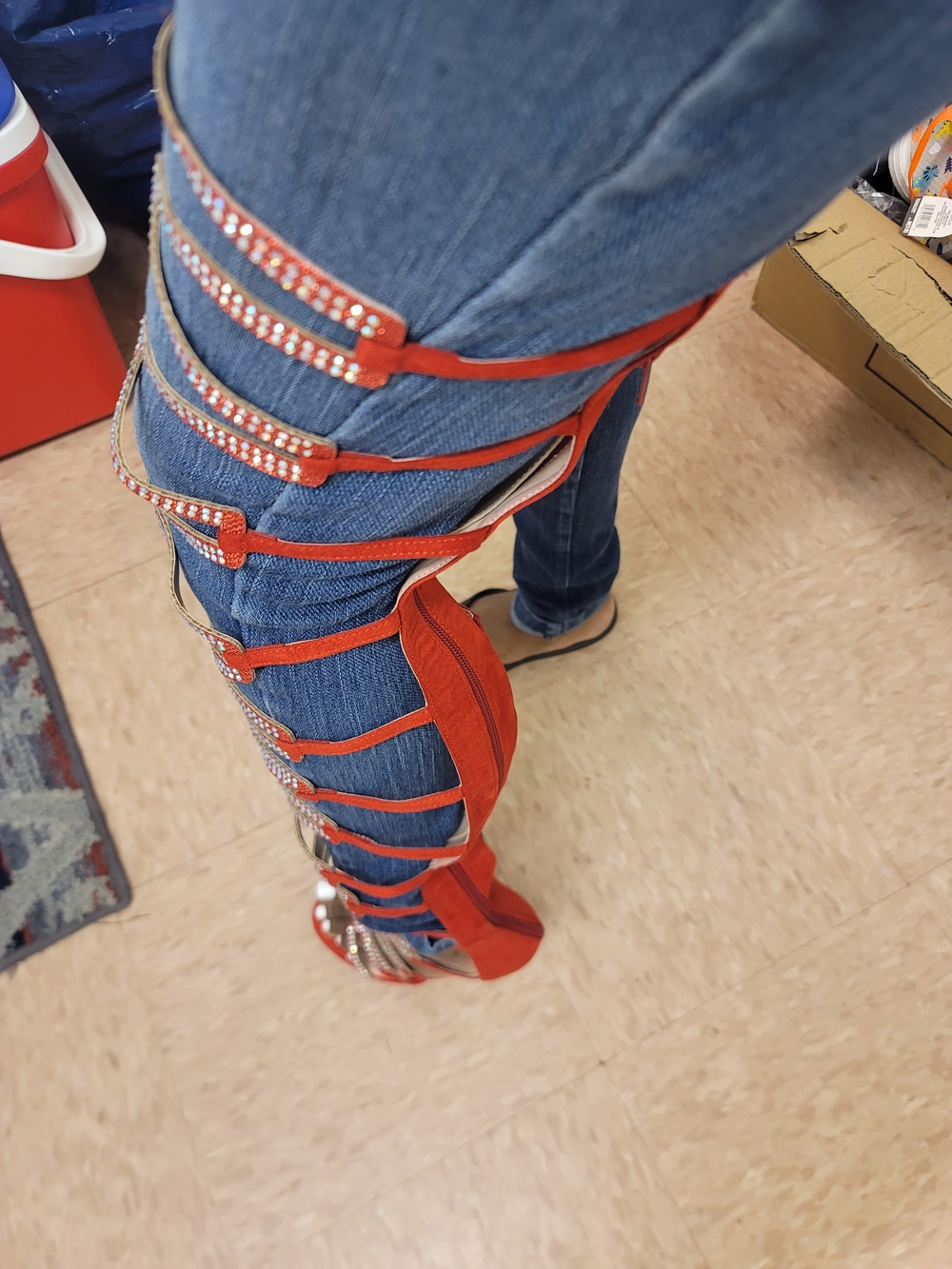 Red Gladiator Knee-High Strappy Sandals with Crystal Accents - Picture 2 of 9